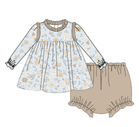 Ensemble décontracté floral pour bébé fille Puresun, haut à manches longues en coton doux à col volanté, bloomers kaki, 2 pièces, écologique, vintage