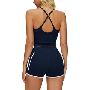Two Piece Workout Set Women Crop <b>Top</b> High Waist Shorts Crisscross Straps Quick Dry Yoga Gym Active Outfits With Pockets - Product Image 1