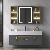 Meuble-lavabo mural gris de luxe moderne avec vasque et miroir LED pour projets hôteliers et d'appartements