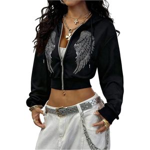 Women's <b>Rhinestone</b> Crop Hoodie <b>Jacket</b> Long Sleeve Zip Up Hooded Sweatshirt Gothic Fairy Y2k Grunge Casual Wear - Product Image 1