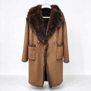 Cappotto Invernale <span class=keywords><strong>Oversize</strong></span> da Donna Stile Europeo Lungo in Finta Pelle Scamosciata con Collo in Pelliccia di Volpe, Doppio Petto e Fodera in Pelliccia Sintetica - Product Image 1