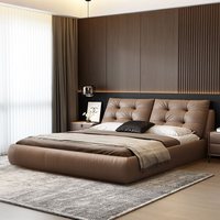 Lit de rangement élégant en cuir italien, taille King, marron, avec cadre rembourré et base relevable hydraulique pour chambre d'hôtel moderne