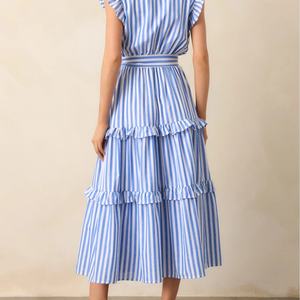 Vestido Casual a Rayas Personalizado ODM/OEM para Mujer, Cuello en V, Vestido Largo de Verano para Fiesta, Manga Corta con Cinturón - Product Image 5