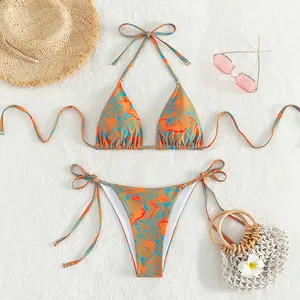 2024 Trendy seksi çiçek baskı yüzme plaj Spa Halter İki adet Bikini seti kadın mayo mayo