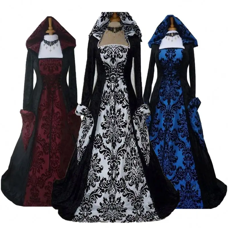 Costume d'Halloween de sorcière pour femmes Vintage Deluxe Hooded Vampire Medieval Renaissance Gown Dress