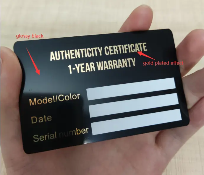 Kişiselleştirilmiş özel Logo Metal garanti kartı orijinallik sertifika kartı İzle veya takı için