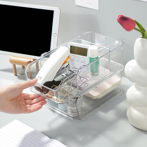 Desktop <b>Drawer</b> <b>Storage</b> <b>Box</b> Transparent Rectangle Stackable For Office Stationery Cosmetics Dormitory Use - Product Image 3