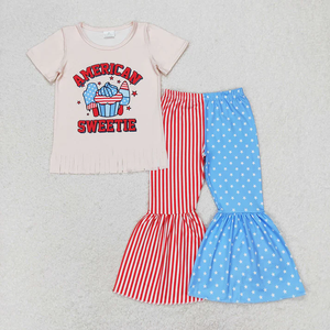 Vente en gros de tenues pour enfants, filles, tout-petits, décontractées, écologiques, à l'effigie du 4 juillet, hauts imprimés + ensembles de pantalons évasés, tenues patriotiques - Product Image 4