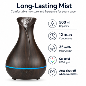 Diffuseur d'huiles essentielles ultrasonique 500 ml à grain de bois foncé, humidificateur, autonomie 12h, LED 7 couleurs, minuterie, arrêt automatique, sans BPA, OEM - Product Image 2
