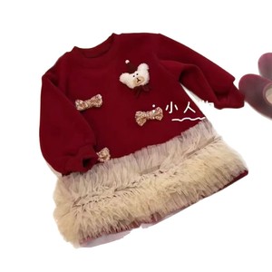 Christmas Kids Dress Red Fleece One Piece With Bear Applique And Bowknot For Girls 1 Year Old - Product Image 2