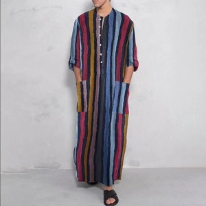 Túnica Musulmana de Algodón Tejido para Hombre, Estilo Transfronterizo, Cuello Mao, Rayas Degradadas, Manga Larga, Hanfu, Estilo de Oriente Medio - Product Image 1
