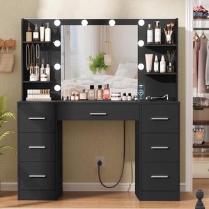 Tocador Estilo <span class=keywords><strong>Hollywood</strong></span> con Espejo LED de 10 Bombillas, 7 Cajones y Estantes Abiertos para Maquillaje en el Dormitorio - Product Image 3