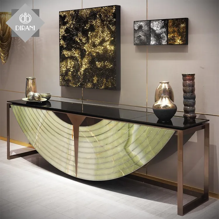 Di lusso superiore di vetro corridoio angolo console da tavolo decorativo di base in acciaio inox living room console da tavolo