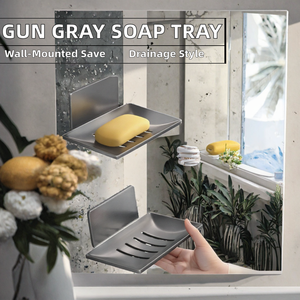 Porte-savon rectangulaire gris anthracite en aluminium, fixation murale sans perçage, avec drainage, organiseur de salle de bain - Product Image 2