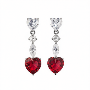 Eleganti orecchini pendenti a forma di cuore con rubino rosso e cristallo trasparente in argento 925 per donna, stile romantico da matrimonio - Product Image 1