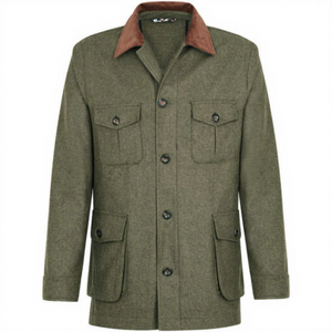 เสื้อโค้ทยาวมีฮู้ดสำหรับผู้ชายขายส่ง สำหรับการล่าสัตว์ ทำจากผ้าขนสัตว์ 100% ด้านในบุด้วยโพลีเอสเตอร์ ระบายอากาศได้ดี เหมาะสำหรับฤดูหนาว กิจกรรมกลางแจ้ง มีกระเป๋าหลายช่อง - Product Image 1