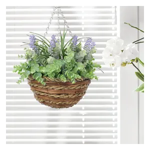 HL-25 Wholesale Plastic Eucalyptus Branch and Grass with Hanging Artificial Lavender Flowers in Rattan Weave Basket