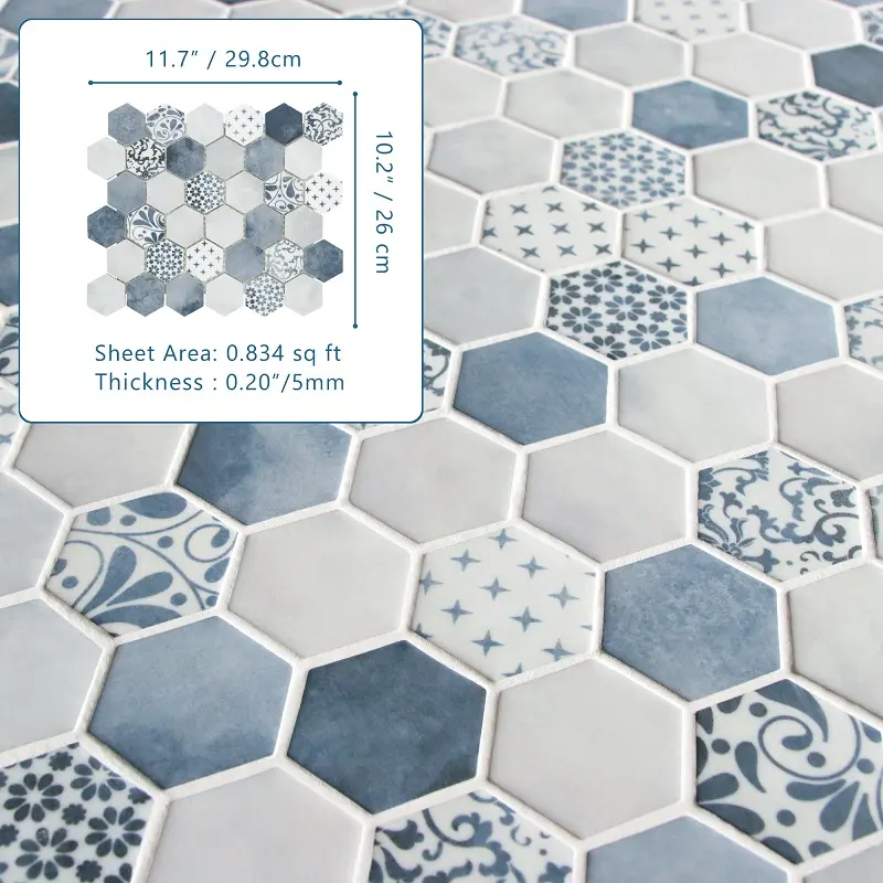 Azulejo de mosaico de vidrio reciclado hexagonal Sunwings | Stock en EE. UU. | Azulejo de pared y suelo de mosaicos de cemento azul