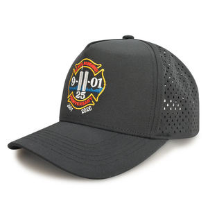Casquette de baseball noire à 5 panneaux, séchage rapide, respirante, structurée, réglable, pour le camping en extérieur, avec trous laser au dos - Product Image 1