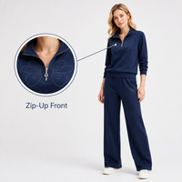 Ensemble décontracté deux pièces pour femme, bleu marine, broderie florale, coupe ample, avec fermeture éclair, manches longues, en coton aéré, pantalon large