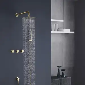 Modern yuvarlak yağmur duş başlığı gizli üç kolu pirinç banyo duş sistemi fırçalanmış altın mikser musluk içerir