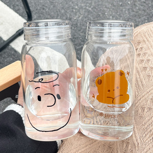 Cartoon Glass Mug 450ml With Lid Portable For Travel Water Coffee Juice Breakfast Office Use - Product Image 1