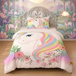 Single Size Unicorn <strong>Duvet</strong> Cover Set Rainbow Unicorn Print Bedding Set for <strong>Toddler</strong> Girls - Product Image 1