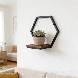 Hexagon <b>Wall</b> <b>Shelf</b> With Wooden Tray For Plant And Candle Display Geometric Decorative Storage Rack <b>Wall</b> <b>Mounted</b> Type - Product Image 2