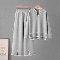 Ensemble deux pièces pour femmes, pull en tricot à col en V à manches longues, pantalon large à fentes, tenue décontractée deux pièces, 2 pièces pour femmes