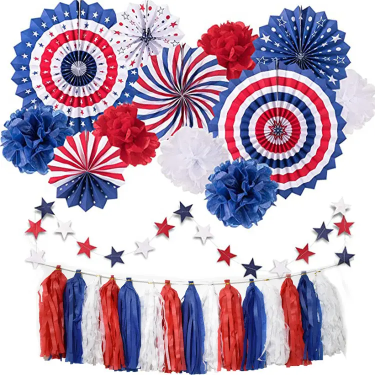 ชุดตกแต่งปาร์ตี้รักชาติอุปกรณ์ปาร์ตี้ธงอเมริกันแบบแขวนแฟนกระดาษลูกบอลดอกไม้ธีมสตรีมเมอร์สหรัฐอเมริกา