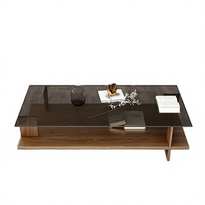 Modern Rectangular <b>Smoke</b> <b>Glass</b> <b>Coffee</b> <b>Table</b> Walnut Wooden Shelf Luxury Living Room Center Tea <b>Table</b> Hotel Furniture Manufacturer - Product Image 5