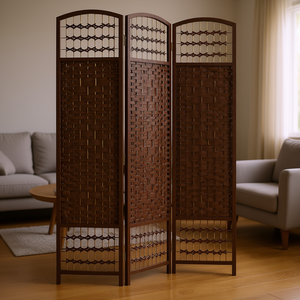 Biombo Plegable de Bambú de 3 Paneles, Separador de Ambientes con Diseño Ondulado Tejido, Color Marrón, Ligero, Decoración para Hogar y Oficina - Product Image 2