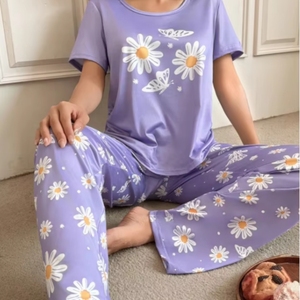 Conjunto de Pijama Corto de Terciopelo con Estampado de Margaritas para Mujer, Cintura Elástica, Cierre Frontal, Transpirable, Suave, Poliéster y Spandex, Casual - Product Image 5