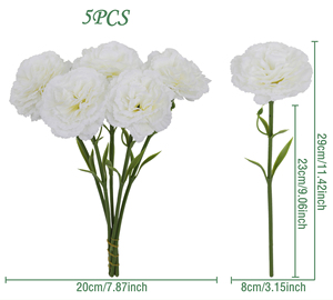 Ramo de 5 Flores Artificiales de Clavel Blanco de Seda de Alta Calidad de 23 cm para el Dí<span class=keywords><strong>a</strong></span> de la Madre, Acción de Gracias y Graduación - Product Image 4