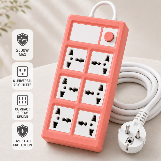 CJYW YW-131 Compact 6 Outlet Universal Power Strip 2 Row Extension Socket 1.8m Cord 90 Degree EU Plug 10A IP20 for Home Office