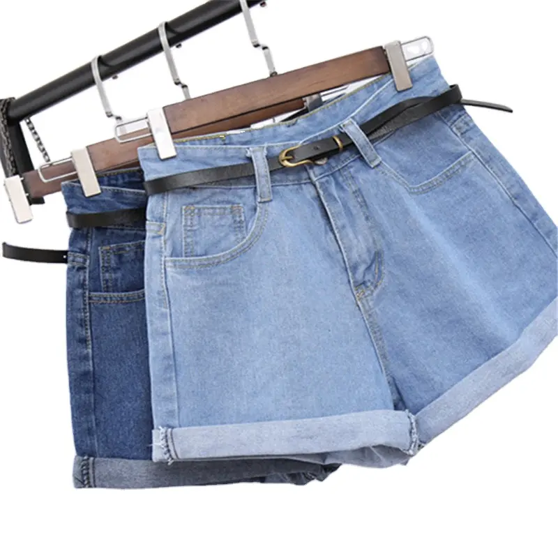 Summer high waist loose curling large size was thin a word wide leg denim shorts