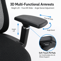 Chaise de bureau ergonomique moderne à dossier haut en maille, base étoile à cinq branches, pivotante à 360 degrés, appui-tête réglable, accoudoirs 3D, soutien lombaire