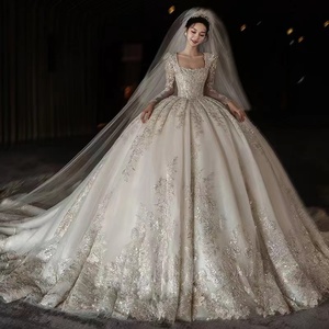 NDB10447 Abito da sposa a maniche lunghe, nuovo modello, con ampia strascico, stile francese, lavorazione artigianale di alta gamma, in pizzo raffinato - Product Image 1