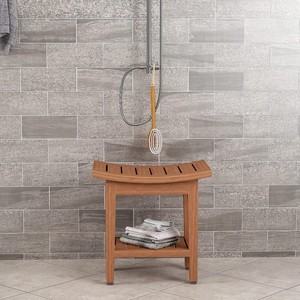 Tabouret de douche en teck naturel, double rangement, imperméable, antidérapant, siège de salle de bain en bois massif, 30,5x45,7x45,7 cm - Product Image 1