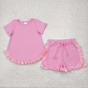 Ventes en gros de vêtements pour enfants en bas âge, filles, décontractés, en coton, à la mode, mignons, hauts à manches courtes à volants avec shorts, ensembles de 2 pièces - Product Image 2