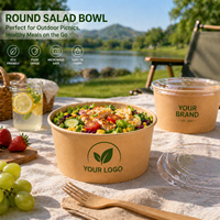 Conteneur à salade rond en papier kraft biodégradable, jetable, écologique, de qualité alimentaire, recyclable, avec impression personnalisée et couvercle transparent