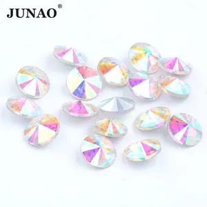 JUNAO 8Mm 10Mm 12Mm 14Mm Pointback Berlian Grosir Rhinestones Lem Pada Kaca Kristal Permata Rivoli Berlian Imitasi Mewah