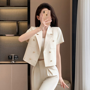 Women's Suit Set Solid Color Short Sleeve Blazer With Pants Anti-Wrinkle Polyester Casual Wear For Spring Summer - Product Image 4