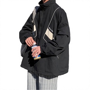 Blouson Safari Noir Oversize Léger Coupe-Vent Zippé Printemps Vêtement de Travail Extérieur Rayures Contrastées Poches Poitrine - Product Image 2