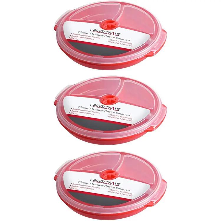 Microwave Food Storage Travel Tray Containers ,3 Section Compartment Divided Plates with Vented Lid