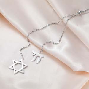 Myshape Collier long en acier inoxydable avec pendentif Étoile de David et <span class=keywords><strong>Chai</strong></span> hébreu juif, Hexagramme, Bijoux de judaïsme - Product Image 4