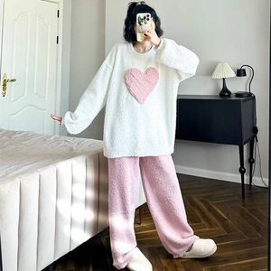 Invierno <span class=keywords><strong>amor</strong></span> cuello redondo pijamas medio terciopelo mujeres dibujos animados dulce pijama térmico traje ropa de dormir conjuntos - Product Image 4