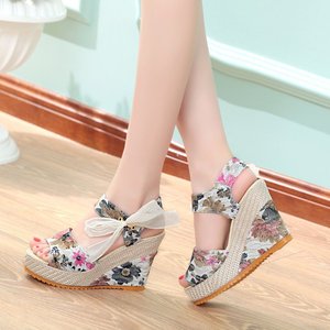 Women's <b>Summer</b> Casual Slippers New Style Super High Heeled Flower <b>Wedge</b> Tie Bow <b>Sandals</b> Lace-Up Outdoor Bohemian Shoes - Product Image 5