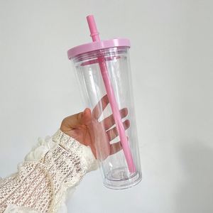 Custom LogoBulk 24 Oz Reusable Boba Double Wall Clear Insulated Bubble Tea <b>Cup</b> <b>Plastic</b> Acrylic Snow Globe Tumbler With Straw - Product Image 1