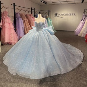 1591 Stunning Blue off Shoulder Embroidery Crystal Tassel Corset <b>Quinceanera</b> Ball Gown Chapel Train <b>Dresses</b> for 15 Girls - Product Image 2